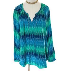 Dora Landa 100% silk adjustable tie neck Ikat print blouse small size S